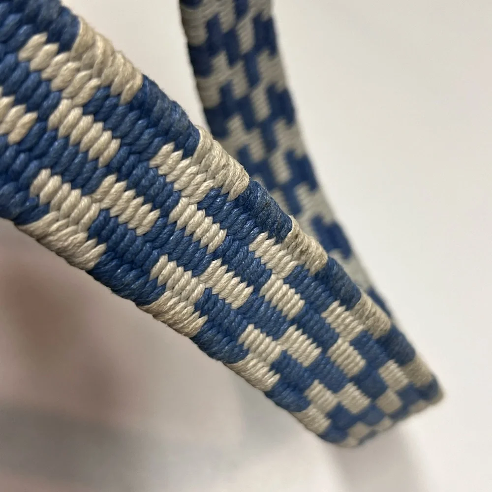 Vineyard Vines Belt Blue and White checked Cotton Leather Trim  Size 34